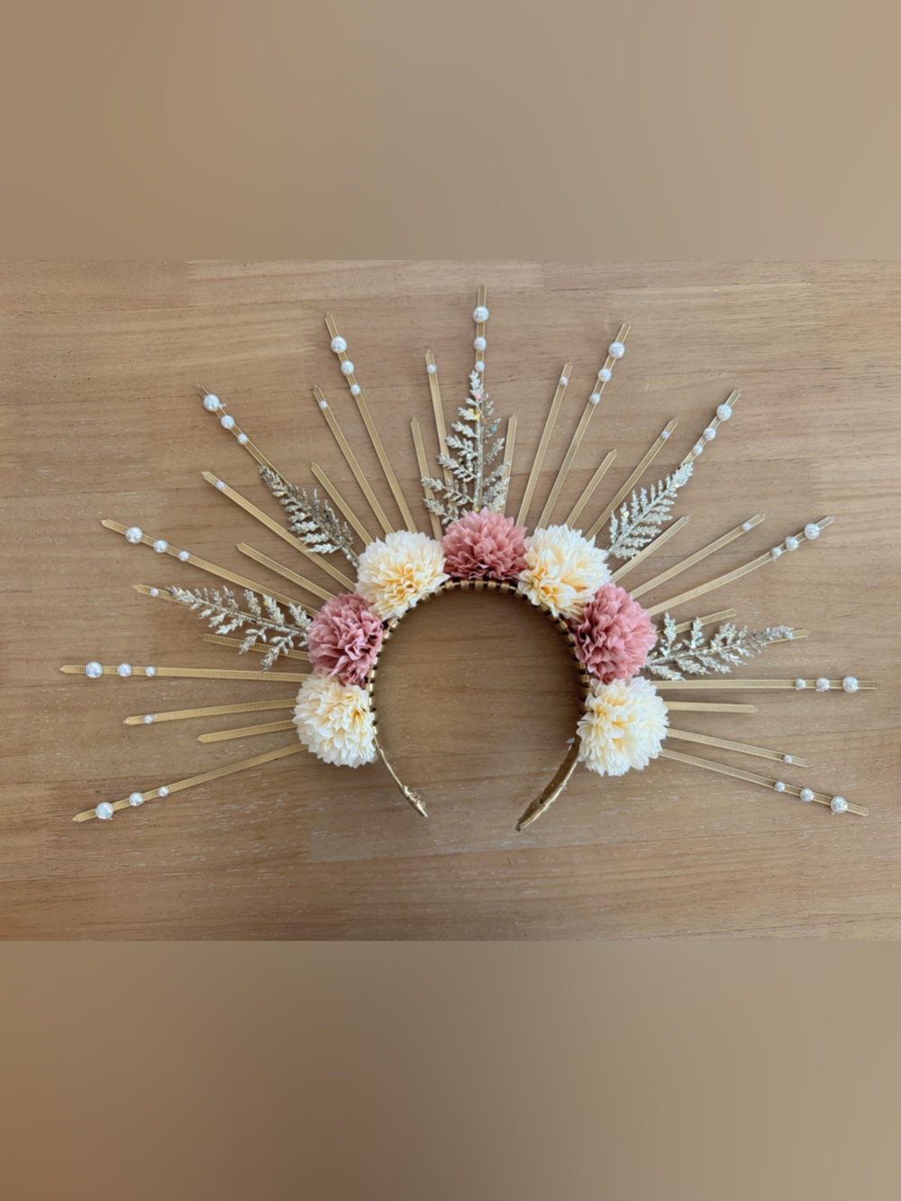 Decorative Floral Sunburst Headband - Cream & Dusty Rose